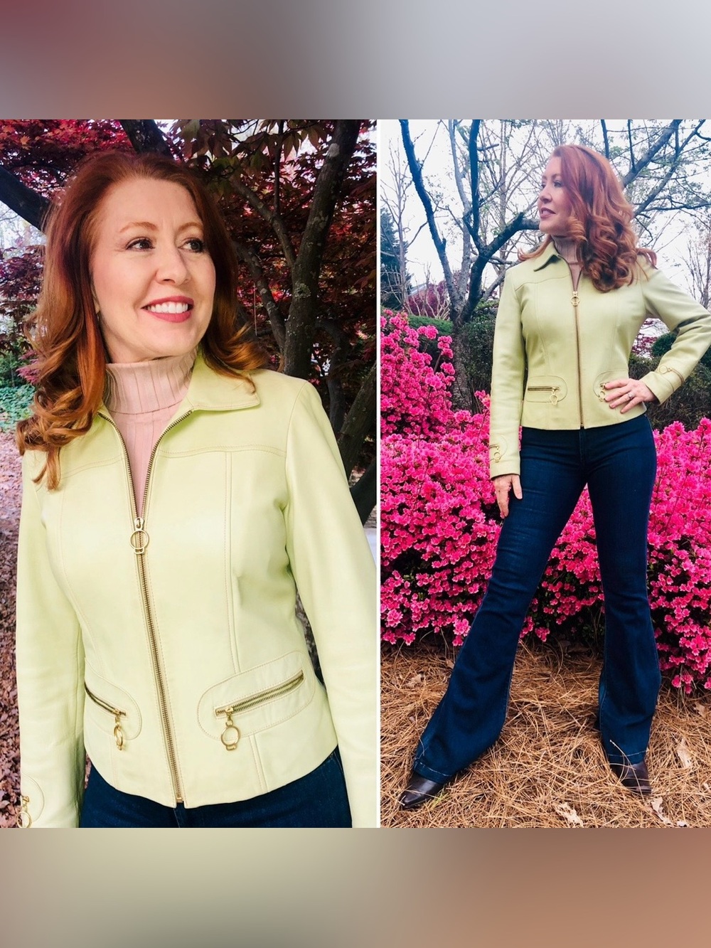 COLE HAHN Light Green Lamb Skin Leather Zip Jacket With Zipper Details- LIKE NEW